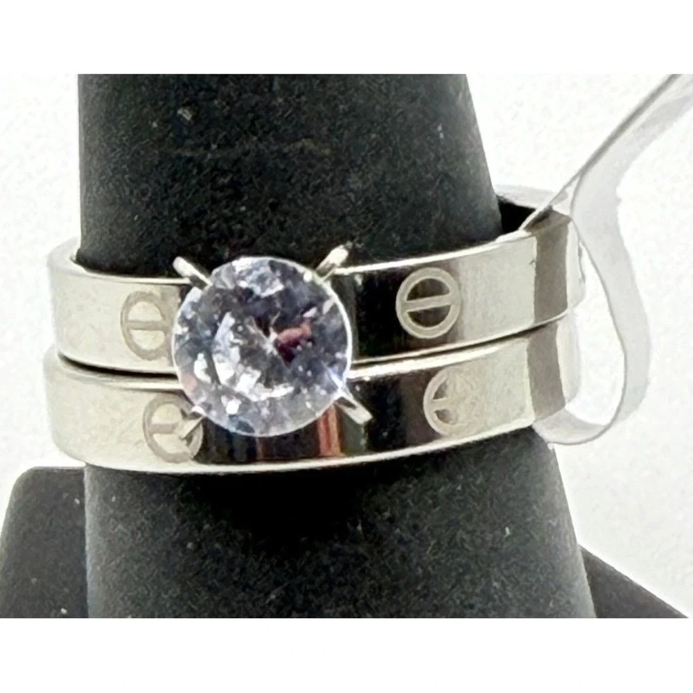 Silver Tone Stainless Steel Wedding Ring Set Size 10 CZ Solitaire‎